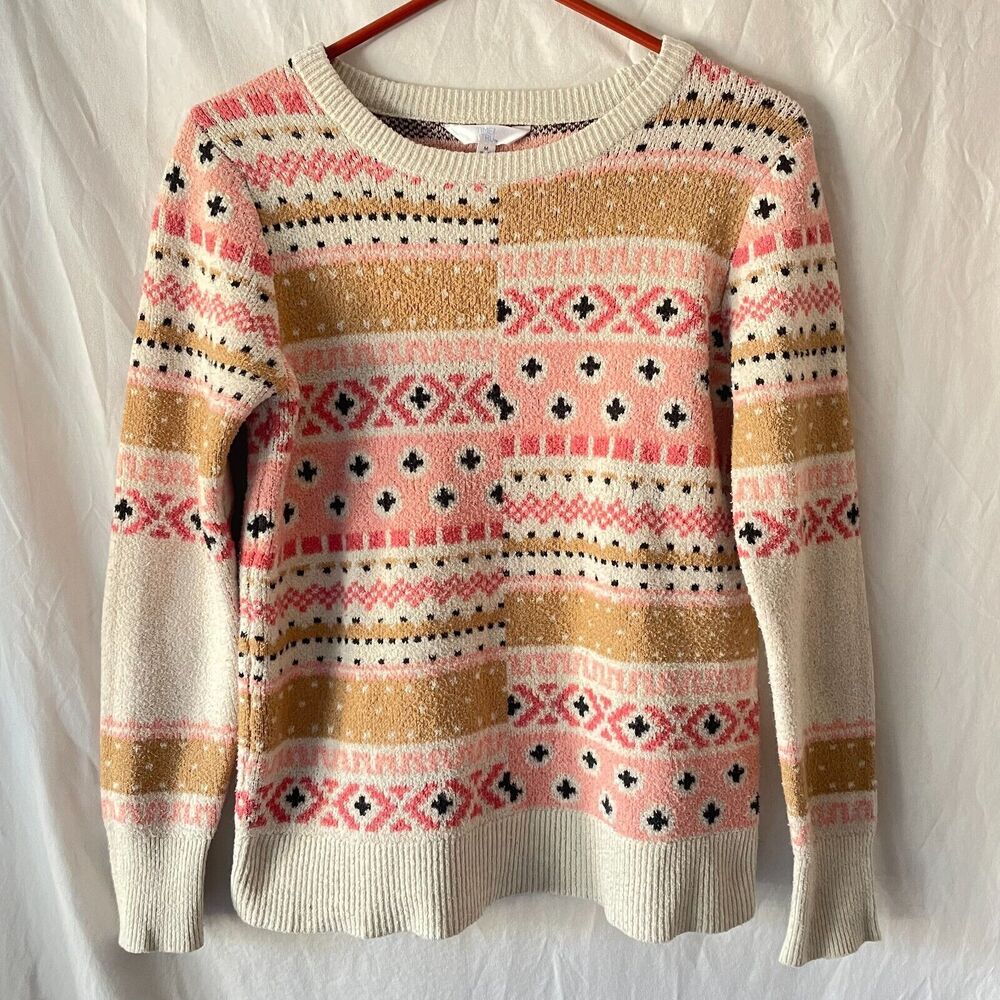 Oversized Fisherman Sweater M Mixed Media Pink Cozy Abstract Fisherman